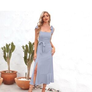 Chic Light Blue Midi Dress with tie Bow Straps